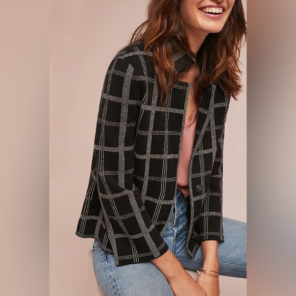 Moth By Anthropologie Black and White Plaid Windowpane Blazer - Picture 1 of 6